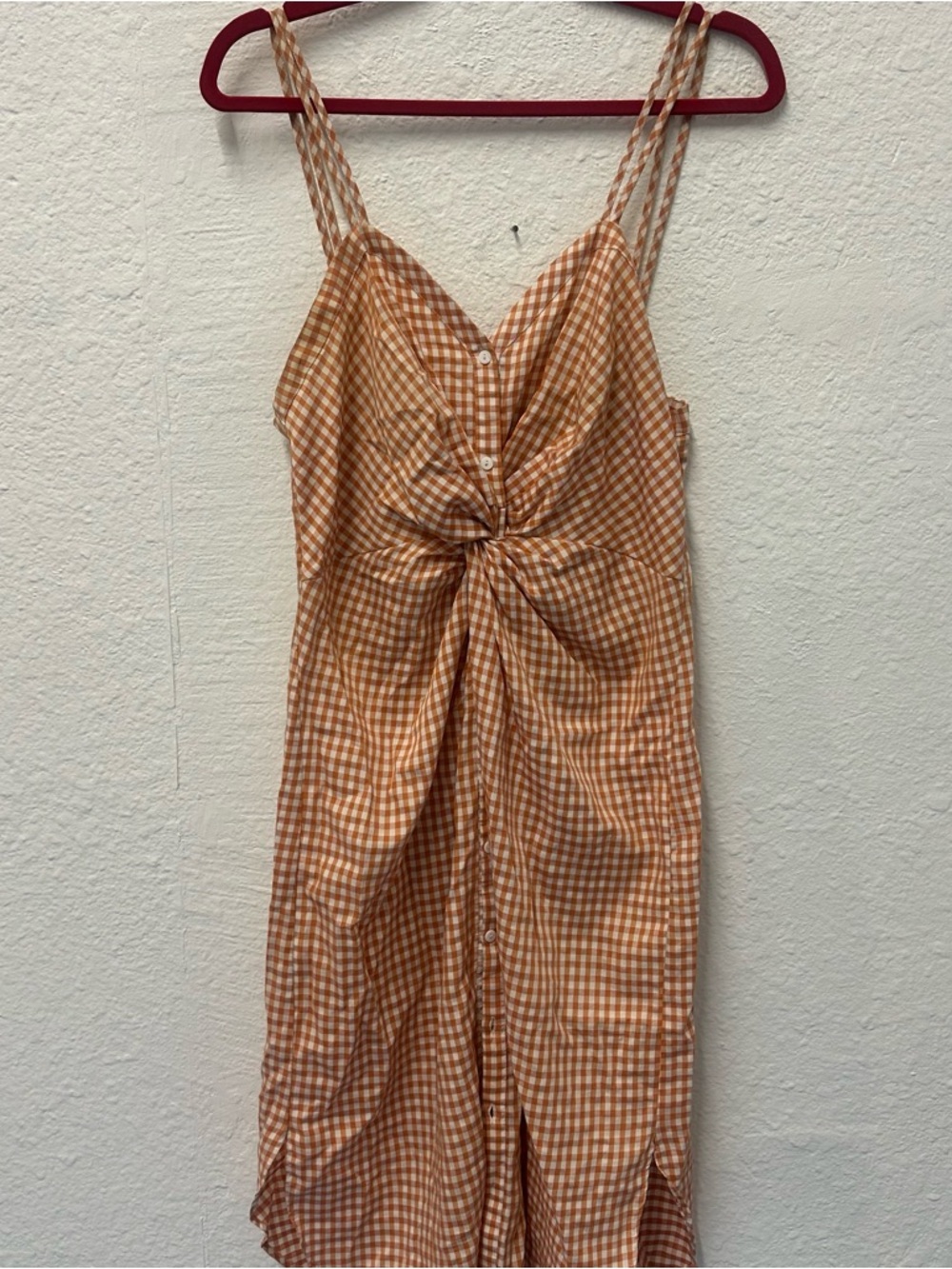 Zara Peach Gingham Knot-Front Midi Dress